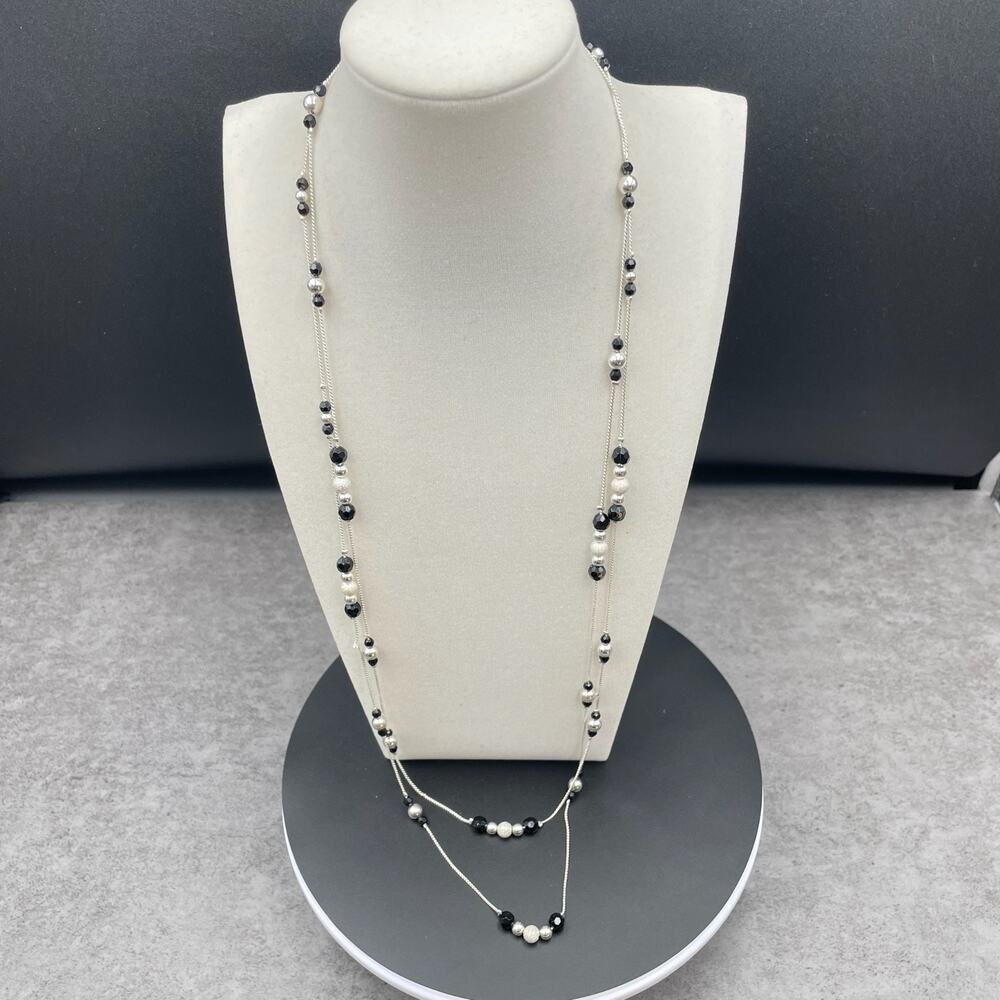 Cultured Silver-Tone Chain Black Onyx Beaded Double Stranded Sautoir Necklace